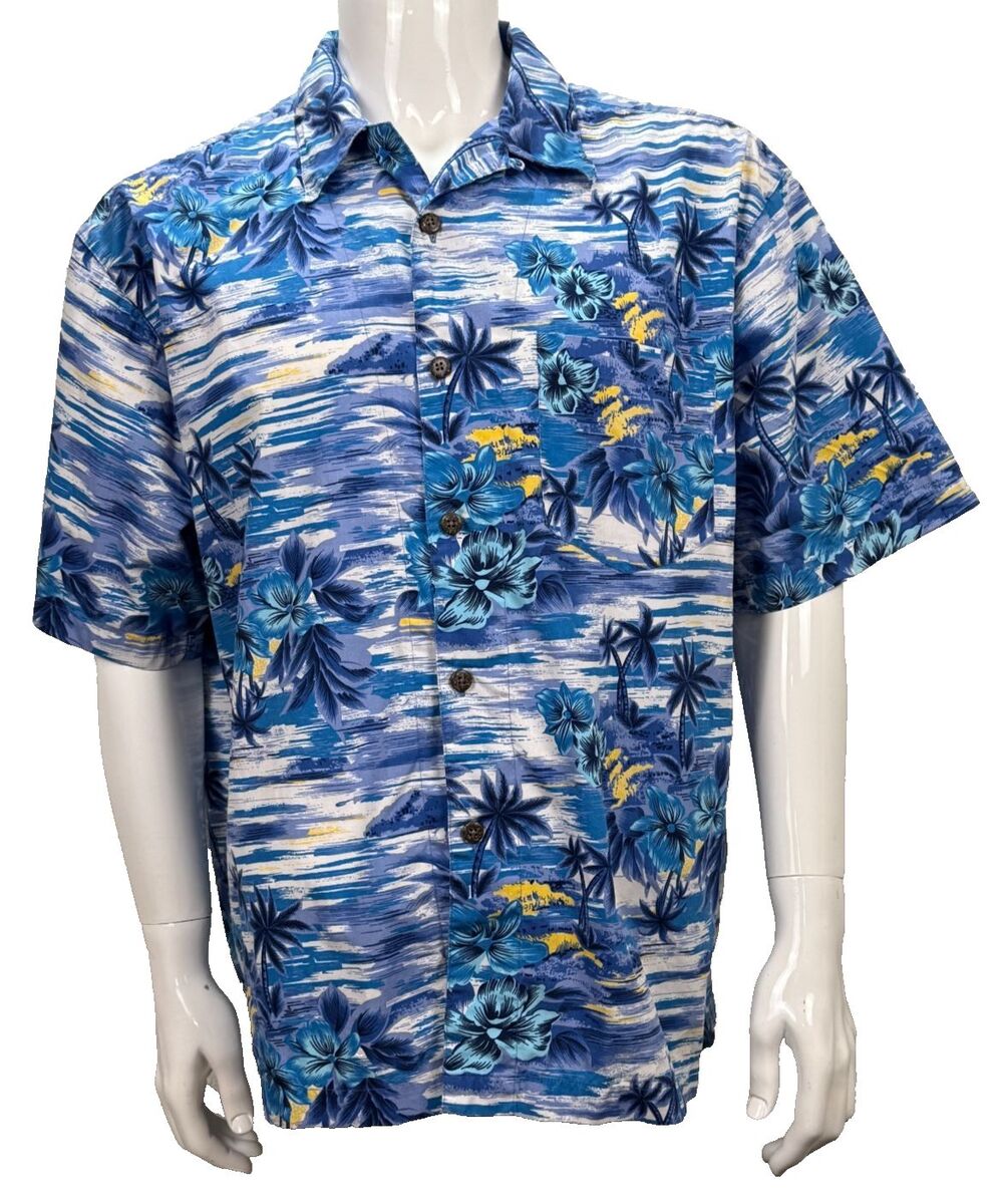 Vintage Hawaiian Aloha Shirt Tropical Floral Hibiscus Palms 90s High Sierra L